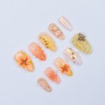 Press On Nails Solara 3D Flowers & Golden Swirls | Sunny Floral Fake Nails Medium Almond | Handmade Elegant Nail Art for Vacation, Party - Image 5