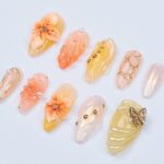 Press On Nails Solara 3D Flowers & Golden Swirls | Sunny Floral Fake Nails Medium Almond | Handmade Elegant Nail Art for Vacation, Party - Image 2