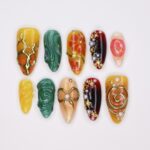 Press On Nail Golden Swirl with Bow 3D & Pearl | Floral Fake Nail in Medium Almond | Handmade Fall Luxury Nail Art for Holiday, Vacation