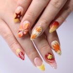 Press On Nails Autumn Blaze with Floral & Leaf Art | 3D Fake Nails in Medium Almond | Handmade Fall Nail Art for Holiday, Vacation, Birthday - Image 2