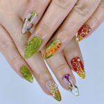 Press On Nails Jewel Garden with Swirl & Crystal Charm | 3D Fake Nails in Medium Almond | Handmade Nail Art for Holiday, Vacation, Birthday - Image 2