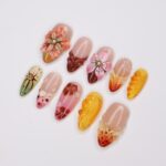 Press On Nail Blooming Sunset with Floral & Swirl Art | 3D Fake Nail in Medium Almond | Handmade Fall Nail Art for Holiday, Vacation, Gift - Image 4