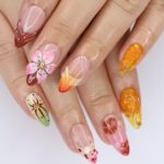 Press On Nail Blooming Sunset with Floral & Swirl Art | 3D Fake Nail in Medium Almond | Handmade Fall Nail Art for Holiday, Vacation, Gift - Image 2