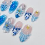 Press On Nails Blue Lagoon with Shell & Floral Art | Oceanic 3D Fake Nails in Medium Almond | Handmade Summer Nail Art for Holiday, Vacation - Image 5