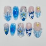 Press On Nails Blue Lagoon with Shell & Floral Art | Oceanic 3D Fake Nails in Medium Almond | Handmade Summer Nail Art for Holiday, Vacation