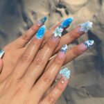 Press On Nails Blue Lagoon with Shell & Floral Art | Oceanic 3D Fake Nails in Medium Almond | Handmade Summer Nail Art for Holiday, Vacation - Image 2