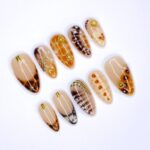 Press On Nails Tortoiseshell with Gold Accents | French Tip Fake Nails in Medium Almond | Handmade Fall Nail Art for Holiday, Vacation, Gift - Image 4