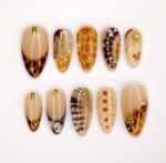 Press On Nails Tortoiseshell with Gold Accents | French Tip Fake Nails in Medium Almond | Handmade Fall Nail Art for Holiday, Vacation, Gift