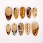 Press On Nails Tortoiseshell with Gold Accents | French Tip Fake Nails in Medium Almond | Handmade Fall Nail Art for Holiday, Vacation, Gift