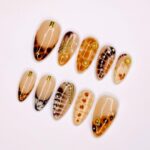 Press On Nails Tortoiseshell with Gold Accents | French Tip Fake Nails in Medium Almond | Handmade Fall Nail Art for Holiday, Vacation, Gift - Image 5
