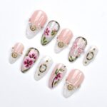 Press On Nails Dragonfly with Lace Textures | Hand-Painted Floral Fake Nails in Medium Almond | Handmade Bridal Nail Art for Wedding, Prom - Image 5
