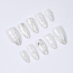 Press On Nails Lunaria with Lace Textures & Pearl | Iridescent Bridal Fake Nails in Almond Shape | Handmade Nail Art for Wedding, Holiday - Image 4
