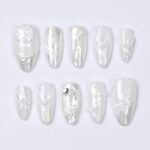 Press On Nails Lunaria with Lace Textures & Pearl | Iridescent Bridal Fake Nails in Almond Shape | Handmade Nail Art for Wedding, Holiday