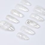 Press On Nails Lunaria with Lace Textures & Pearl | Iridescent Bridal Fake Nails in Almond Shape | Handmade Nail Art for Wedding, Holiday - Image 6