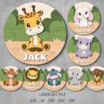 Animals Baby Name Sign SVG Bundle. Laser cut file for Glowforge. Donkey, dog, lion, giraffe, hippopotamus