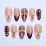 Press On Nails Gold Cross with Red Marble | Glam Fake Nails in Medium Almond | Handmade Luxury Nail Art for Vacation, Birthday, Gift
