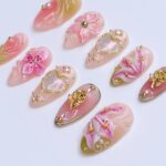 3D Pink Lily Flower Press On Nails, Gold Heart & Rose Spring Nail in Medium Almond, Elegant Handmade Nail for Wedding, Anniversary, Birthday - Image 5