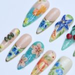 Summer Press On Nails Tropical Bloom with Ocean Treasures | 3D Fake Nails in Long Almond | Handmade Nail Art for Holiday, Vacation, Birthday - Image 7