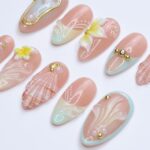 Summer Press On Nails Plumeria with Starfish | 3D Fake Nails in Medium Almond | Handmade Seashell Nail Art for Holiday, Vacation, Birthday - Image 7