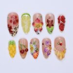 Summer Press On Nails Tropical Orchard with Leopard Print | 3D Floral Fake Nail in Medium Almond | Handmade Nail Art for Holiday, Vacation