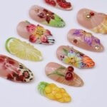 Summer Press On Nails Tropical Orchard with Leopard Print | 3D Floral Fake Nail in Medium Almond | Handmade Nail Art for Holiday, Vacation - Image 7