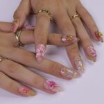 3D Pink Lily Flower Press On Nails, Gold Heart & Rose Spring Nail in Medium Almond, Elegant Handmade Nail for Wedding, Anniversary, Birthday - Image 2