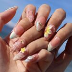 Summer Press On Nails Plumeria with Starfish | 3D Fake Nails in Medium Almond | Handmade Seashell Nail Art for Holiday, Vacation, Birthday - Image 3