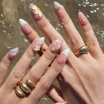 Summer Press On Nails Plumeria with Starfish | 3D Fake Nails in Medium Almond | Handmade Seashell Nail Art for Holiday, Vacation, Birthday - Image 4