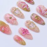 3D Pink Lily Flower Press On Nails, Gold Heart & Rose Spring Nail in Medium Almond, Elegant Handmade Nail for Wedding, Anniversary, Birthday - Image 6