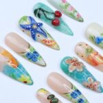 Summer Press On Nails Tropical Bloom with Ocean Treasures | 3D Fake Nails in Long Almond | Handmade Nail Art for Holiday, Vacation, Birthday - Image 6