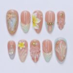 Summer Press On Nails Plumeria with Starfish | 3D Fake Nails in Medium Almond | Handmade Seashell Nail Art for Holiday, Vacation, Birthday