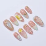 Summer Press On Nails Plumeria with Starfish | 3D Fake Nails in Medium Almond | Handmade Seashell Nail Art for Holiday, Vacation, Birthday - Image 6