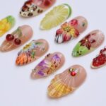 Summer Press On Nails Tropical Orchard with Leopard Print | 3D Floral Fake Nail in Medium Almond | Handmade Nail Art for Holiday, Vacation - Image 6