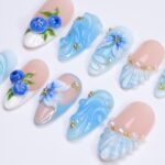 Summer Press On Nail with Blueberry & Ocean Wave in Medium Almond| Handmade Nails for Beach Holiday, Vacation| Blue Theme Fake Nails Art - Image 3