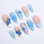 Summer Press On Nail with Blueberry & Ocean Wave in Medium Almond| Handmade Nails for Beach Holiday, Vacation| Blue Theme Fake Nails Art - Image 5