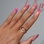 Summer Press On Nails with 3D Pink Flowers and Tropical Ombre Design, Meidum Almond Fake Nails for Vacation or Beach Holiday, Gift for Her - Image 3