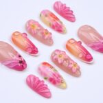 Summer Press On Nails with 3D Pink Flowers and Tropical Ombre Design, Meidum Almond Fake Nails for Vacation or Beach Holiday, Gift for Her - Image 7