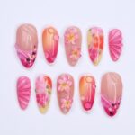 Summer Press On Nails with 3D Pink Flowers and Tropical Ombre Design, Meidum Almond Fake Nails for Vacation or Beach Holiday, Gift for Her
