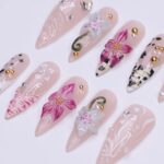 Summer Press on Nails with Orchid & Leopard | 3D Floral Fake Nail Arts in Long Almond | Handmade Nail Art for Holiday, Vacation, Birthday - Image 2
