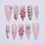 Summer Press on Nails with Orchid & Leopard | 3D Floral Fake Nail Arts in Long Almond | Handmade Nail Art for Holiday, Vacation, Birthday