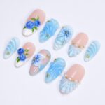 Summer Press On Nail with Blueberry & Ocean Wave in Medium Almond| Handmade Nails for Beach Holiday, Vacation| Blue Theme Fake Nails Art - Image 4