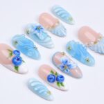 Summer Press On Nail with Blueberry & Ocean Wave in Medium Almond| Handmade Nails for Beach Holiday, Vacation| Blue Theme Fake Nails Art - Image 2