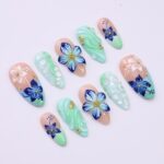 Press on Nails Mint Green with Blue Tropical Flowers | 3D Fake Nails in Medium Almond | Handmade Nail Art for Holiday, Vacation, Birthday - Image 4