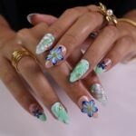 Press on Nails Mint Green with Blue Tropical Flowers | 3D Fake Nails in Medium Almond | Handmade Nail Art for Holiday, Vacation, Birthday - Image 2