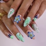 Press on Nails Mint Green with Blue Tropical Flowers | 3D Fake Nails in Medium Almond | Handmade Nail Art for Holiday, Vacation, Birthday - Image 3
