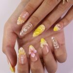 Summer Press on Nails with Vibrant Yellow & Pink Floral | 3D Seashell Fake Nails in Medium Almond | Handmade Nail Art for Vacation, Birthday - Image 5