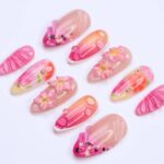 Summer Press On Nails with 3D Pink Flowers and Tropical Ombre Design, Meidum Almond Fake Nails for Vacation or Beach Holiday, Gift for Her - Image 6