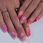 Summer Press On Nails with 3D Pink Flowers and Tropical Ombre Design, Meidum Almond Fake Nails for Vacation or Beach Holiday, Gift for Her - Image 5