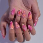 Summer Press On Nails with 3D Pink Flowers and Tropical Ombre Design, Meidum Almond Fake Nails for Vacation or Beach Holiday, Gift for Her - Image 4