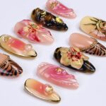 Summer Press on Nails with Sun & Gold Detail | 3D Floral Fake Nails in Medium Almond | Handmade Ocean Nail Art for Holiday, Vacation, Party - Image 3